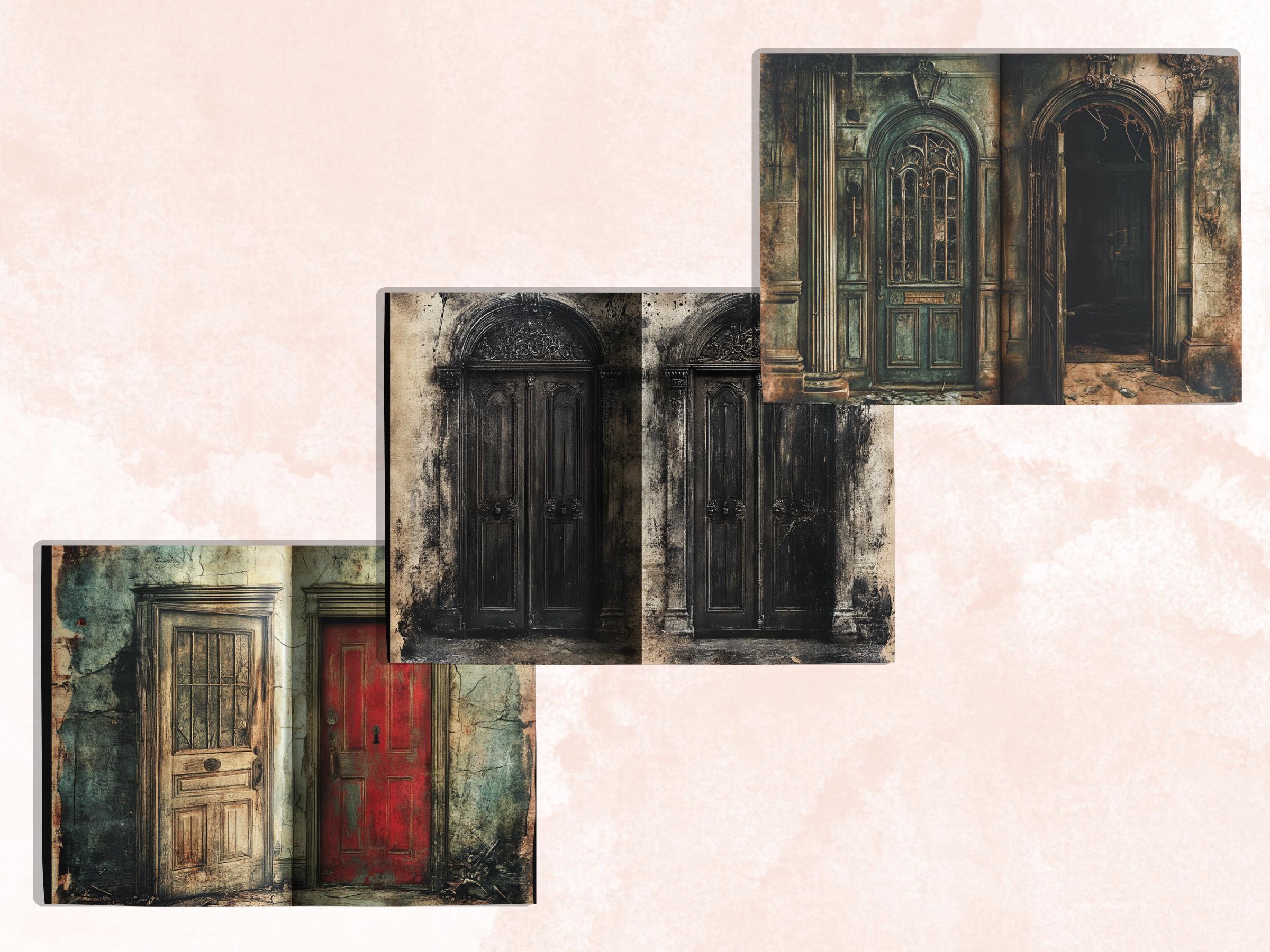 Creepy Doors Double Pages Ephemera Kit, Spooky Mixed Media Paper, Gothic Fantasy Door Collage Scrapbook Paper, Printable Horizontal Pages
