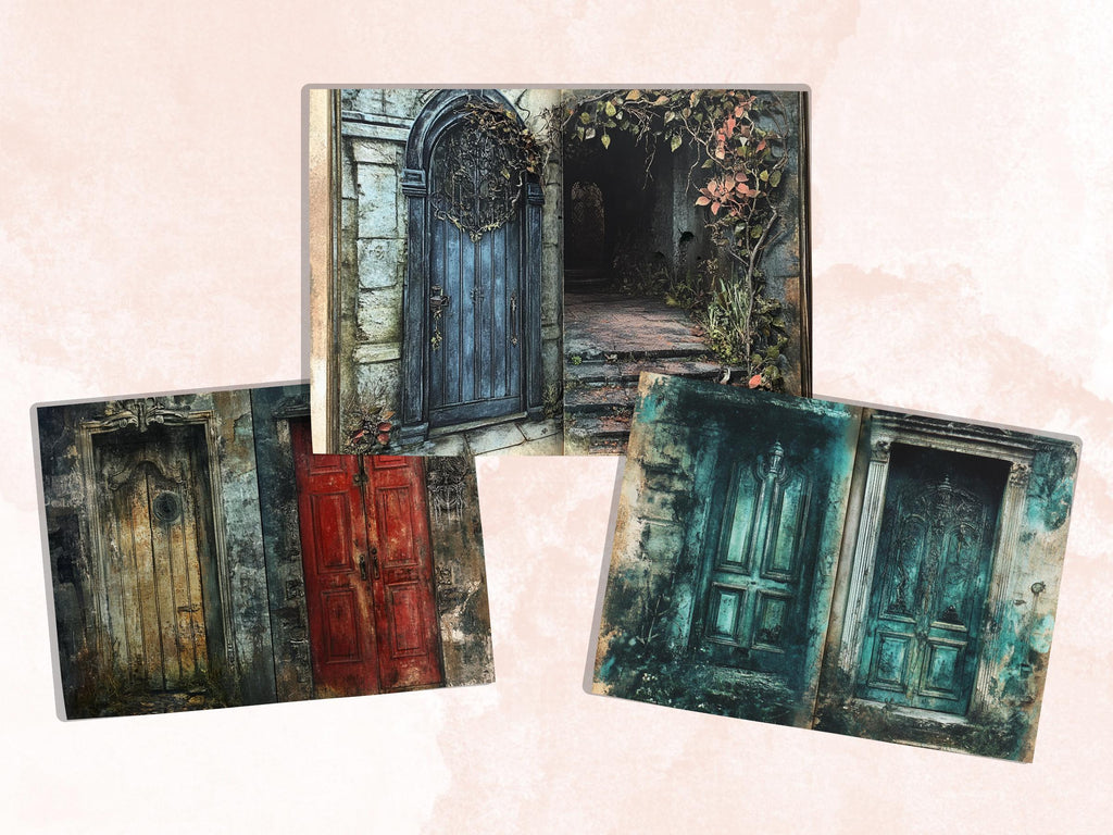 Creepy Doors Double Pages Ephemera Kit, Spooky Mixed Media Paper, Gothic Fantasy Door Collage Scrapbook Paper, Printable Horizontal Pages
