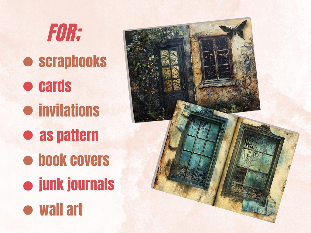 Creepy Window Double Pages Ephemera Kit, Spooky Mixed Media Paper, Gothic Fantasy Window Collage Scrapbook Paper, Printable Horizontal Pages