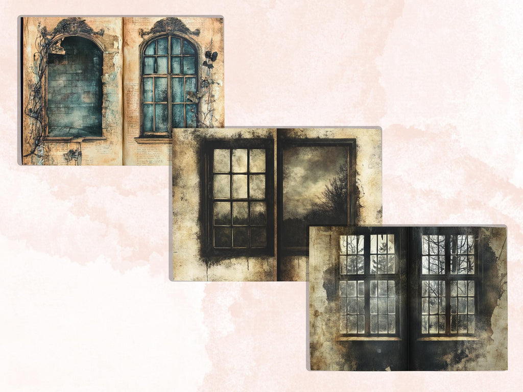 Creepy Window Double Pages Ephemera Kit, Spooky Mixed Media Paper, Gothic Fantasy Window Collage Scrapbook Paper, Printable Horizontal Pages