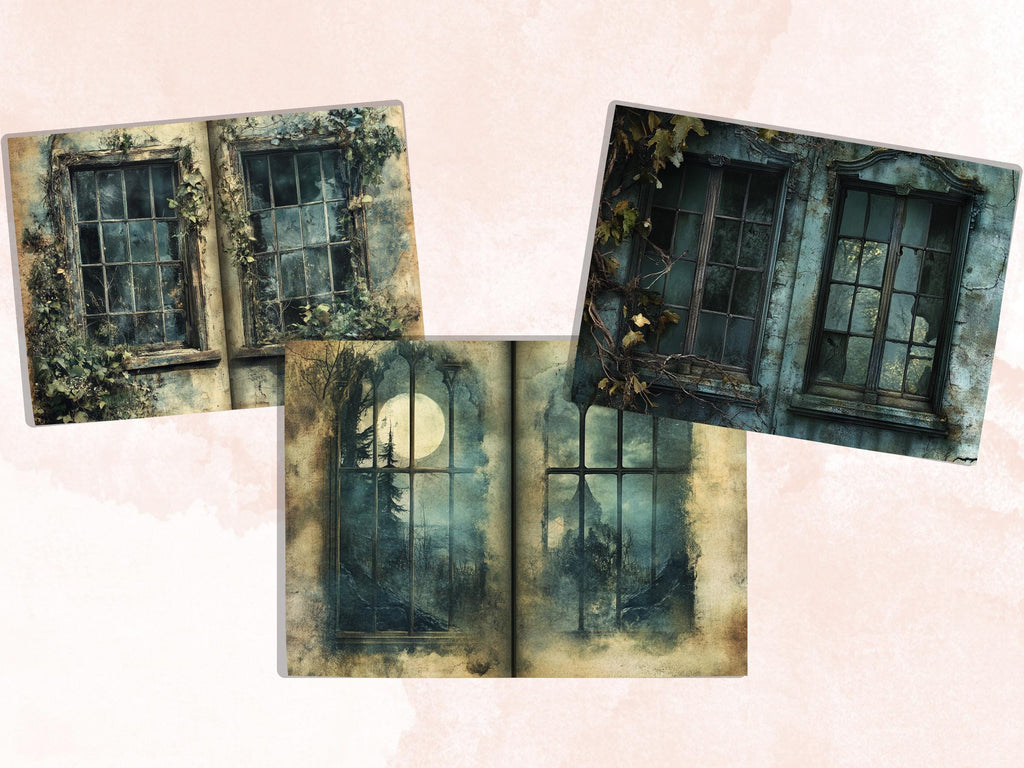 Creepy Window Double Pages Ephemera Kit, Spooky Mixed Media Paper, Gothic Fantasy Window Collage Scrapbook Paper, Printable Horizontal Pages