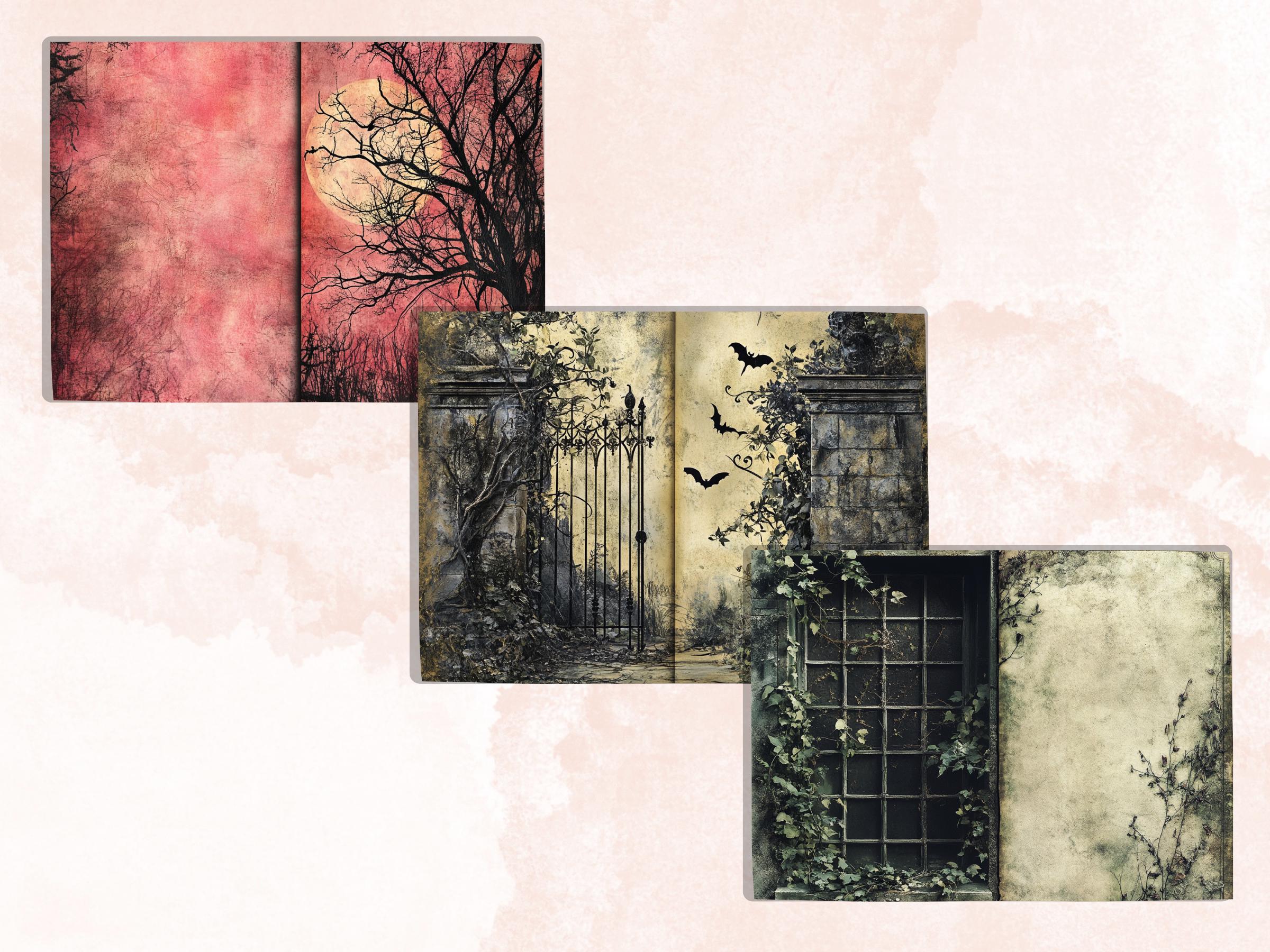 Spooky Garden Double Pages Ephemera Kit, Creepy Mixed Media Paper, Gothic Botanical Collage Scrapbook Paper, Printable Horizontal Pages