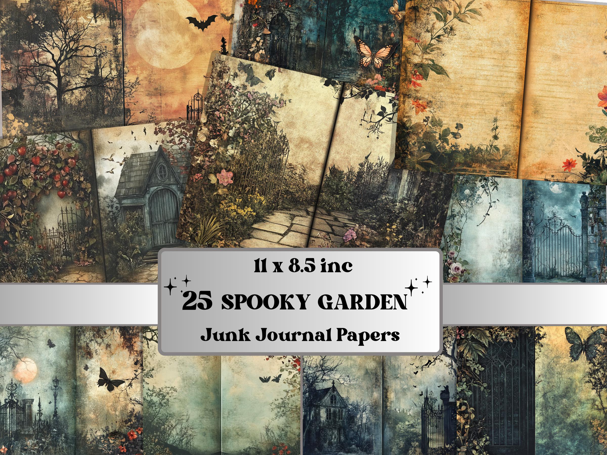 Spooky Garden Double Pages Ephemera Kit, Creepy Mixed Media Paper, Gothic Botanical Collage Scrapbook Paper, Printable Horizontal Pages