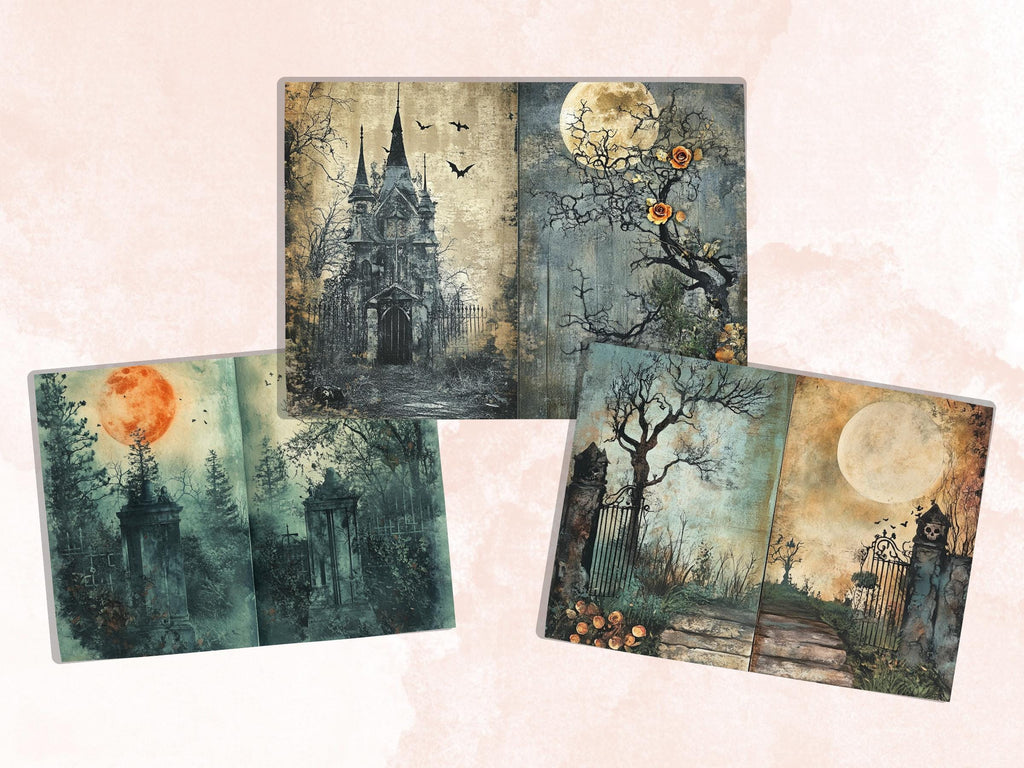 Spooky Garden Double Pages Ephemera Kit, Creepy Mixed Media Paper, Gothic Botanical Collage Scrapbook Paper, Printable Horizontal Pages