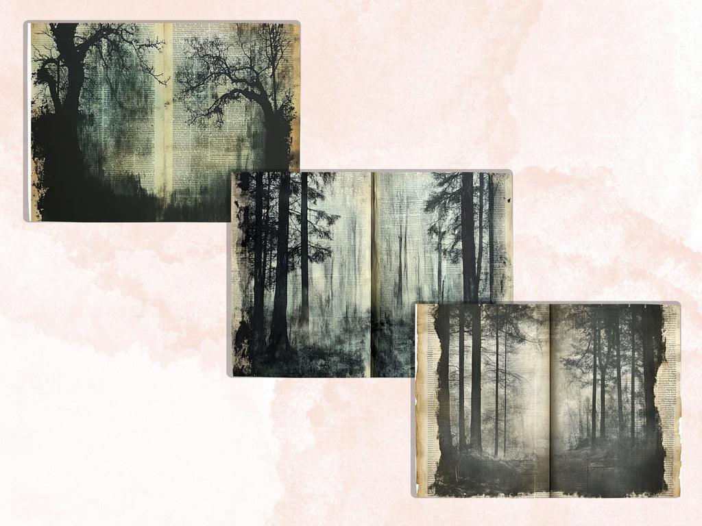 Forest Newspaper Ephemera Kit, Creepy Mixed Media Paper, Gothic Woodland Newspaper Collage Scrapbook Paper, Printable Journal Double Pages