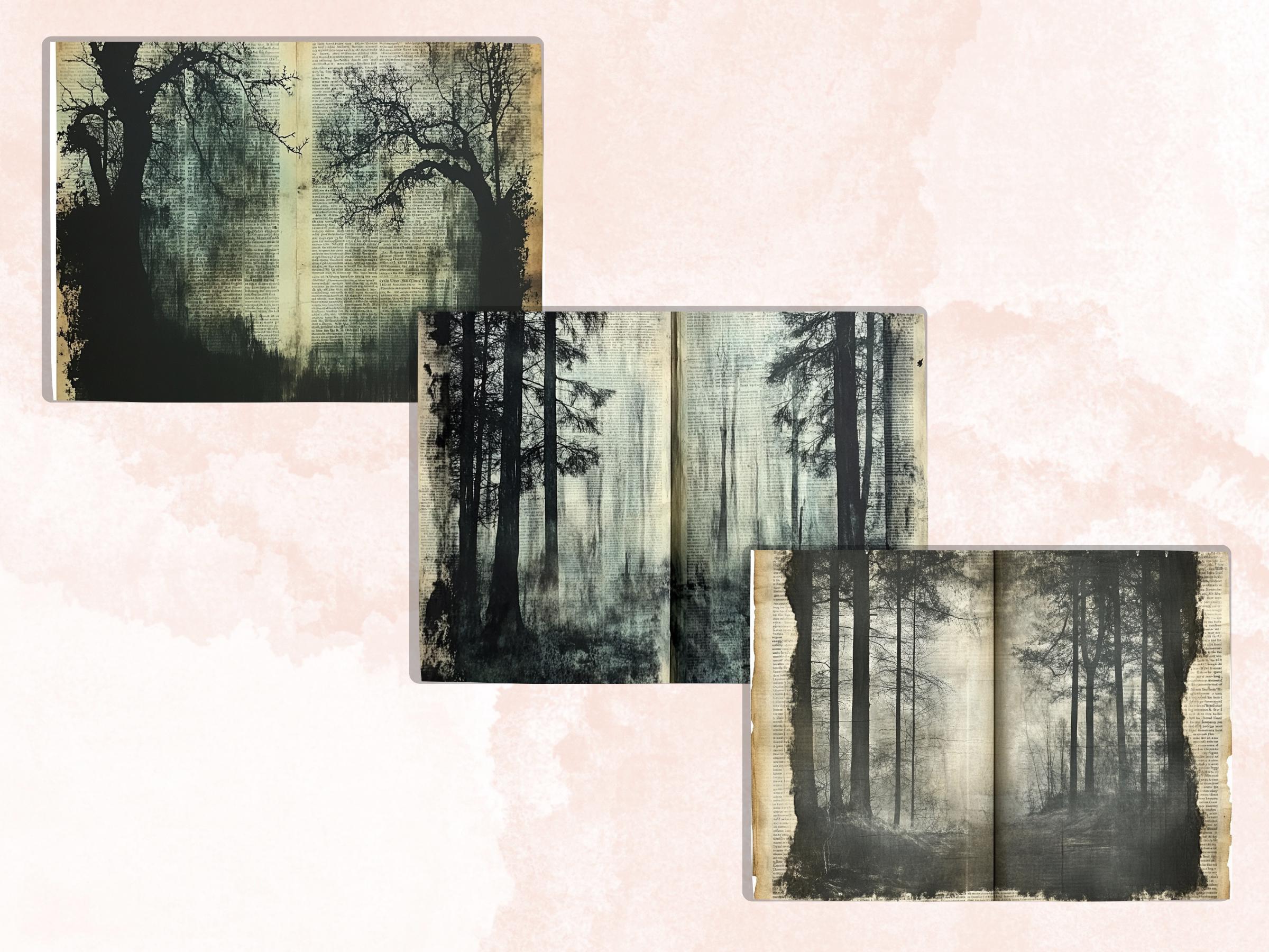 Forest Newspaper Ephemera Kit, Creepy Mixed Media Paper, Gothic Woodland Newspaper Collage Scrapbook Paper, Printable Journal Double Pages