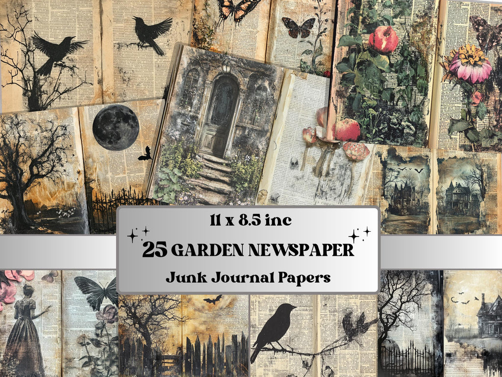 Garden Newspaper Ephemera Kit, Creepy Mixed Media Paper, Gothic Botanical Newspaper Collage Scrapbook Paper, Spooky Journal Double Pages