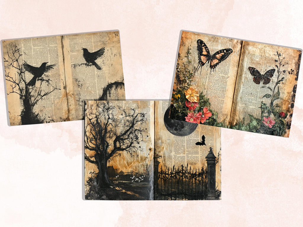 Garden Newspaper Ephemera Kit, Creepy Mixed Media Paper, Gothic Botanical Newspaper Collage Scrapbook Paper, Spooky Journal Double Pages
