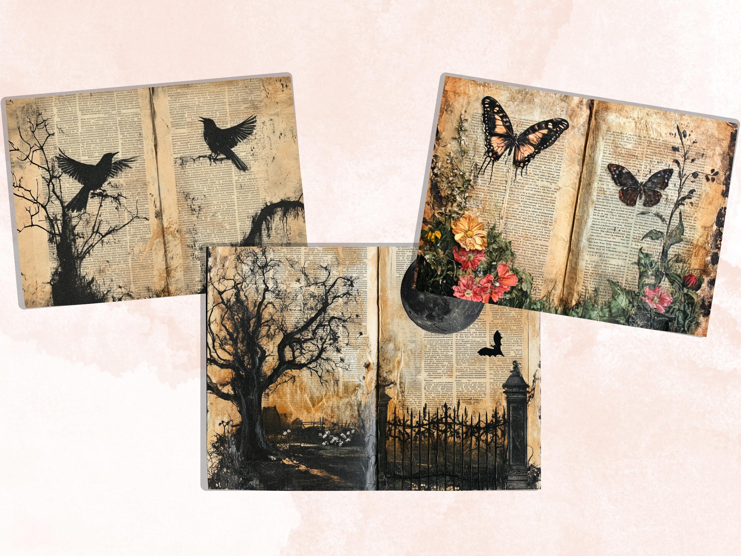 Garden Newspaper Ephemera Kit, Creepy Mixed Media Paper, Gothic Botanical Newspaper Collage Scrapbook Paper, Spooky Journal Double Pages