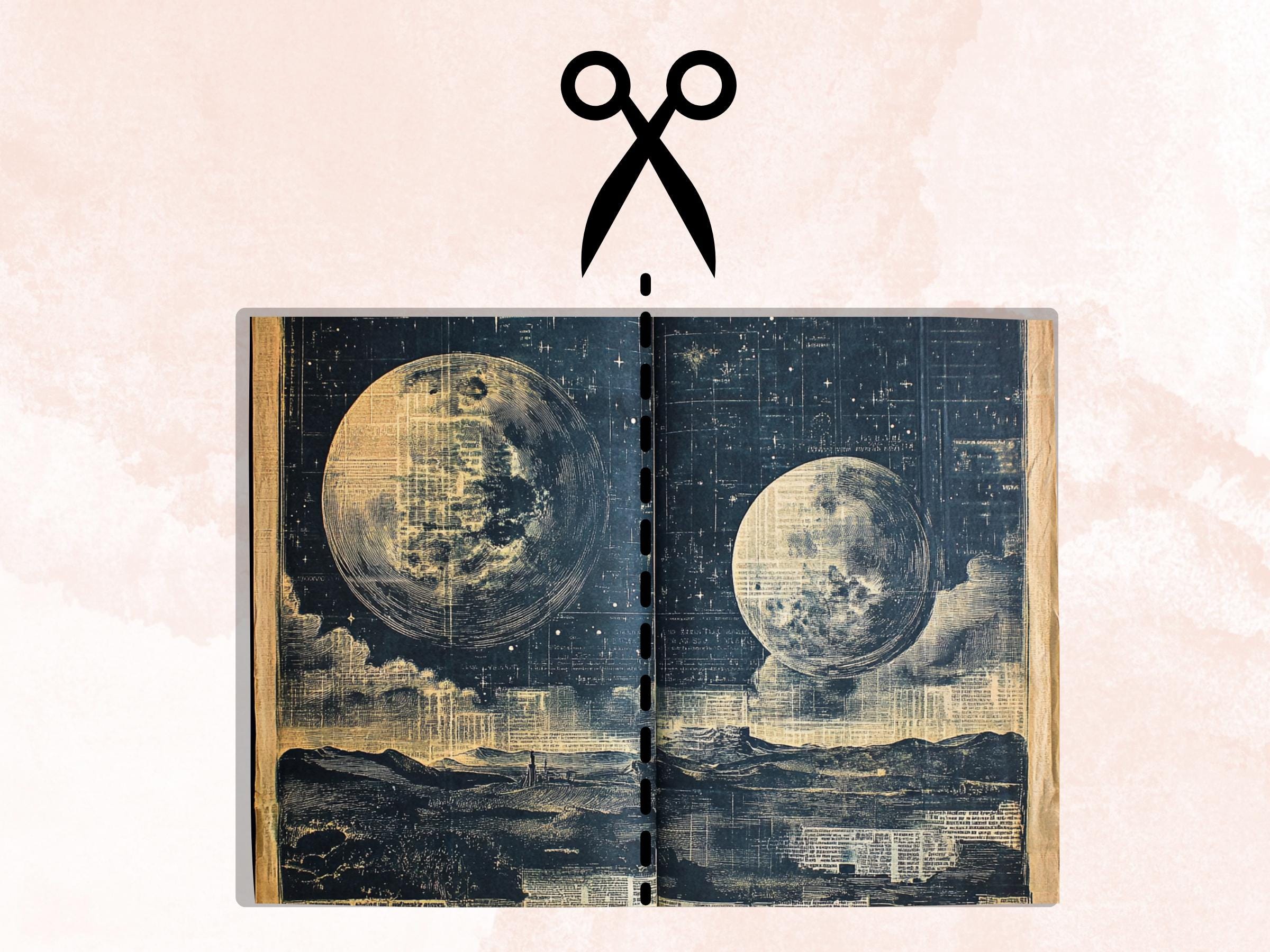 Vintage Celestial Newspaper Ephemera, Creepy Mixed Media Paper, Gothic Sky Newspaper Collage Scrapbook Paper, Spooky Journal Double Pages