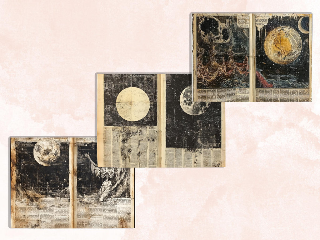 Vintage Celestial Newspaper Ephemera, Creepy Mixed Media Paper, Gothic Sky Newspaper Collage Scrapbook Paper, Spooky Journal Double Pages