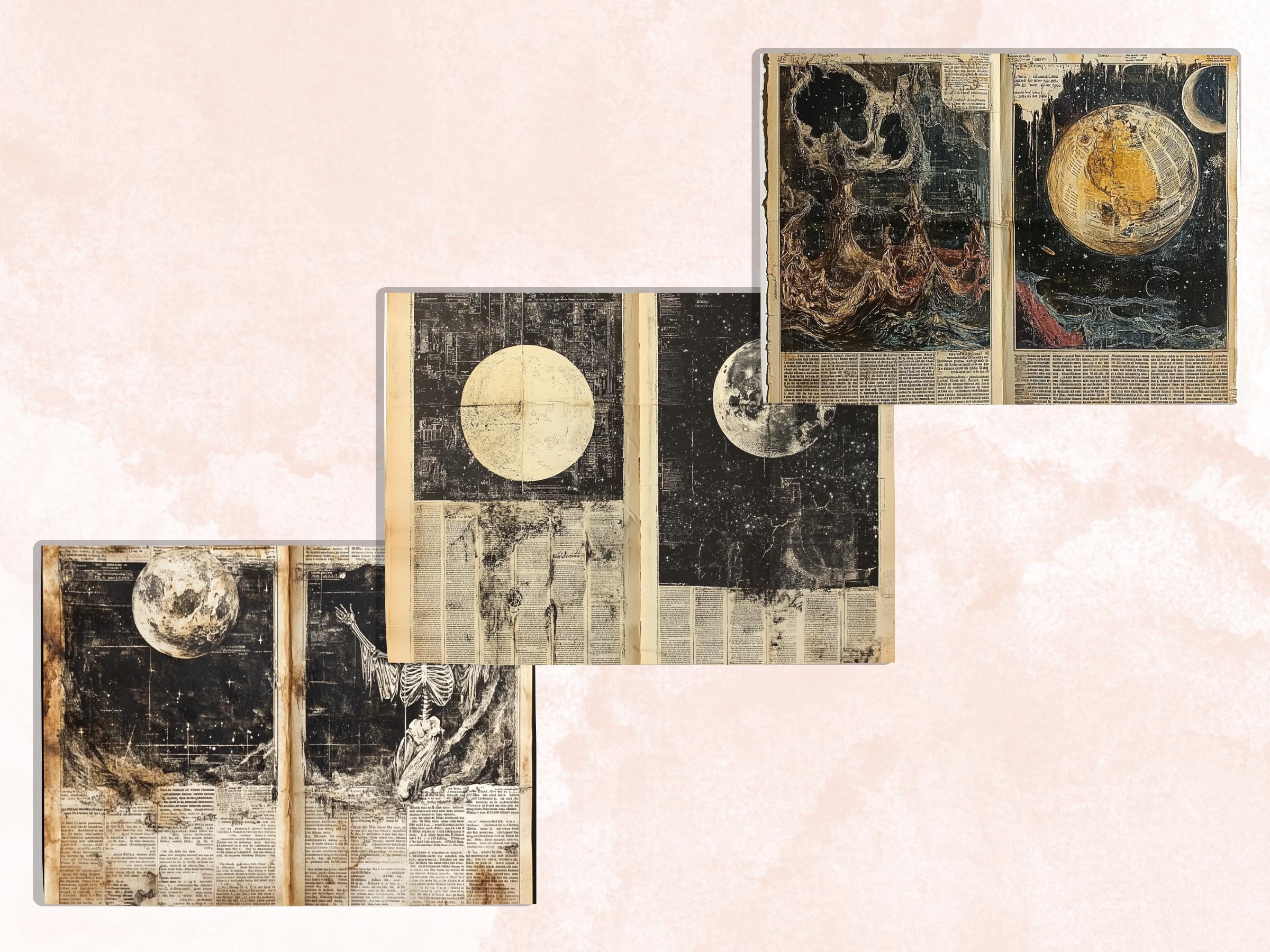 Vintage Celestial Newspaper Ephemera, Creepy Mixed Media Paper, Gothic Sky Newspaper Collage Scrapbook Paper, Spooky Journal Double Pages