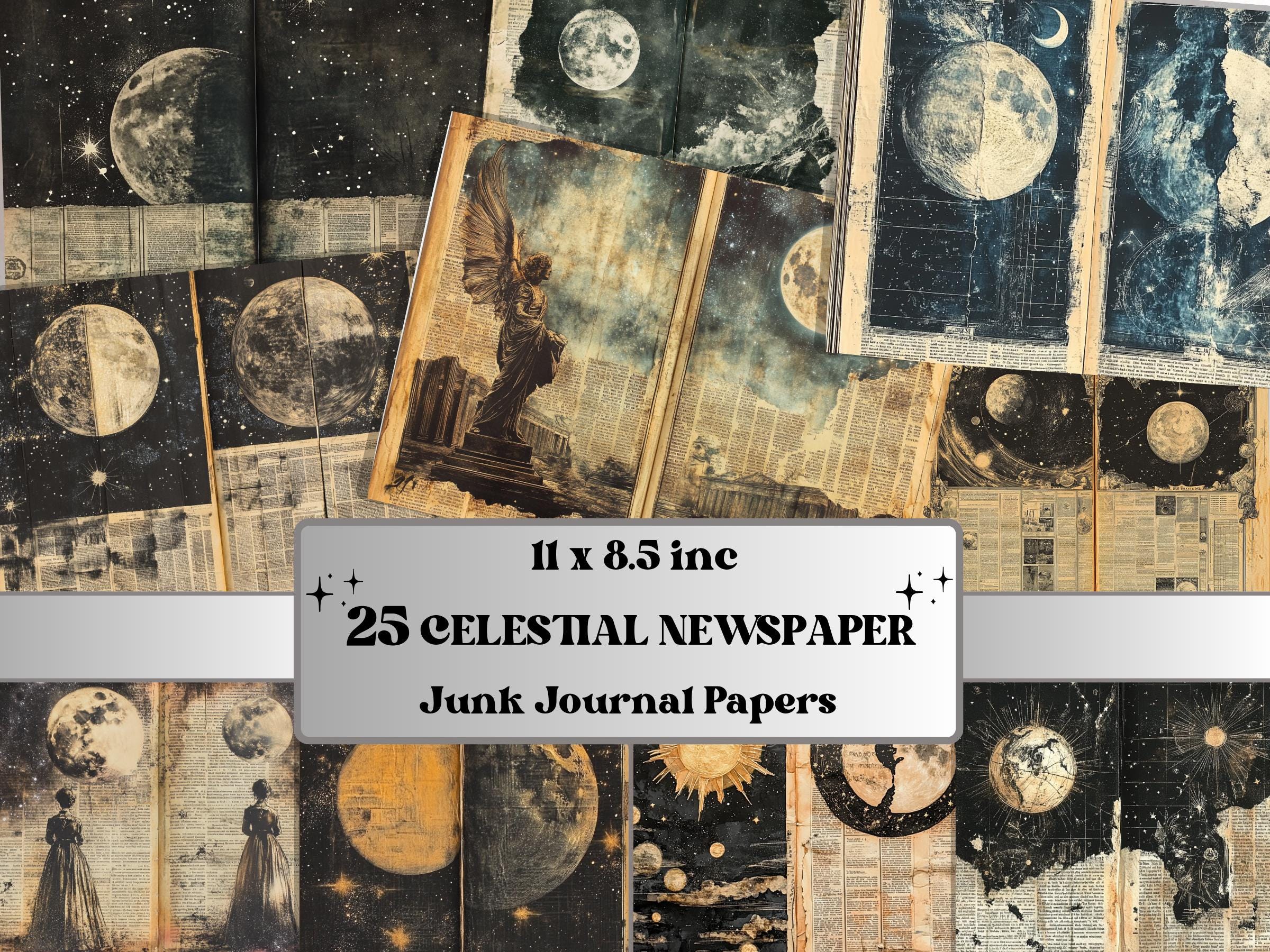 Vintage Celestial Newspaper Ephemera, Creepy Mixed Media Paper, Gothic Sky Newspaper Collage Scrapbook Paper, Spooky Journal Double Pages