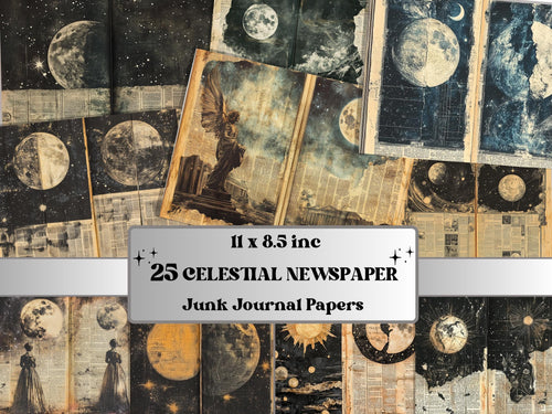 Vintage Celestial Newspaper Ephemera, Creepy Mixed Media Paper, Gothic Sky Newspaper Collage Scrapbook Paper, Spooky Journal Double Pages