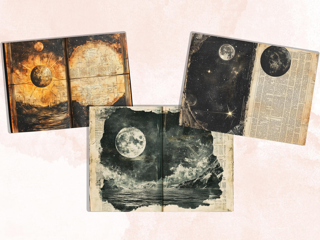 Vintage Celestial Newspaper Ephemera, Creepy Mixed Media Paper, Gothic Sky Newspaper Collage Scrapbook Paper, Spooky Journal Double Pages
