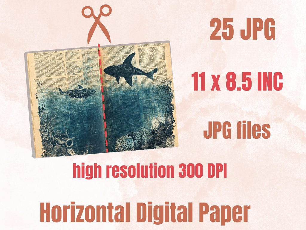 Underwater Newspaper Ephemera, Creepy Mixed Media Paper, Vintage Under the Sea Newspaper Collage Scrapbook Paper, Ocean Journal Double Pages