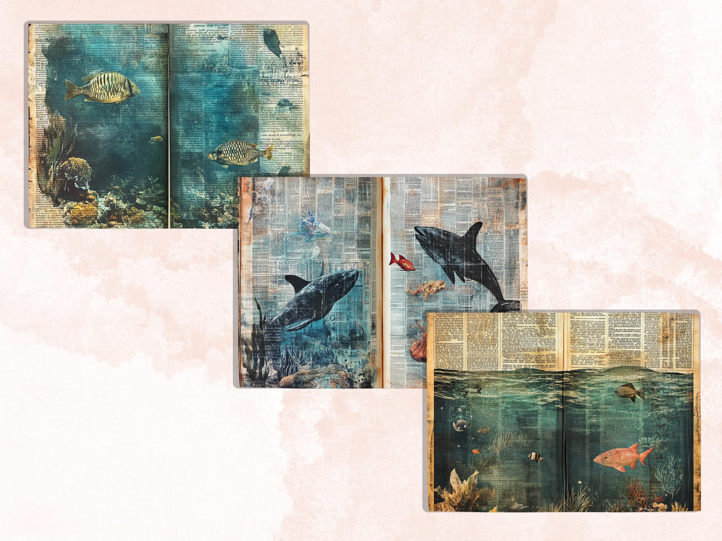 Underwater Newspaper Ephemera, Creepy Mixed Media Paper, Vintage Under the Sea Newspaper Collage Scrapbook Paper, Ocean Journal Double Pages
