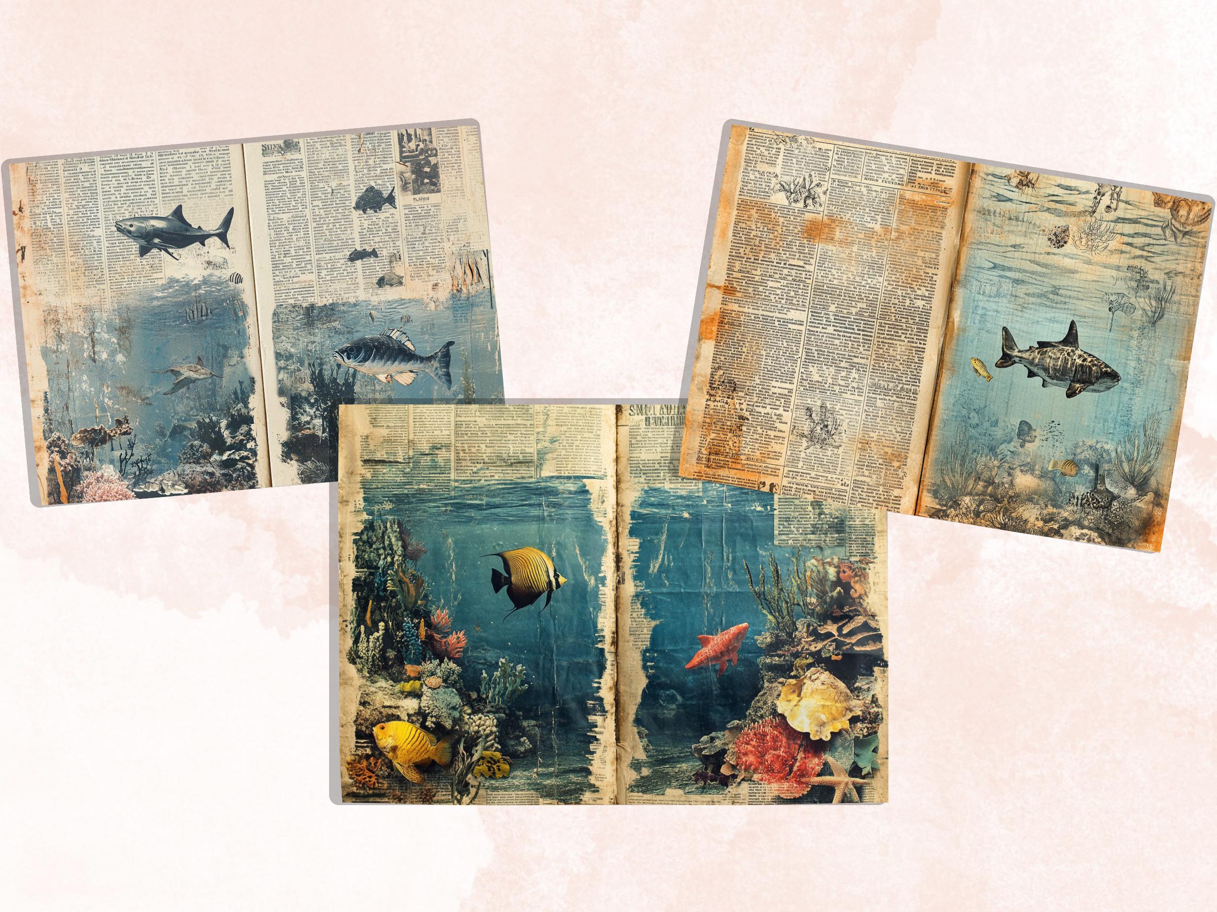 Underwater Newspaper Ephemera, Creepy Mixed Media Paper, Vintage Under the Sea Newspaper Collage Scrapbook Paper, Ocean Journal Double Pages