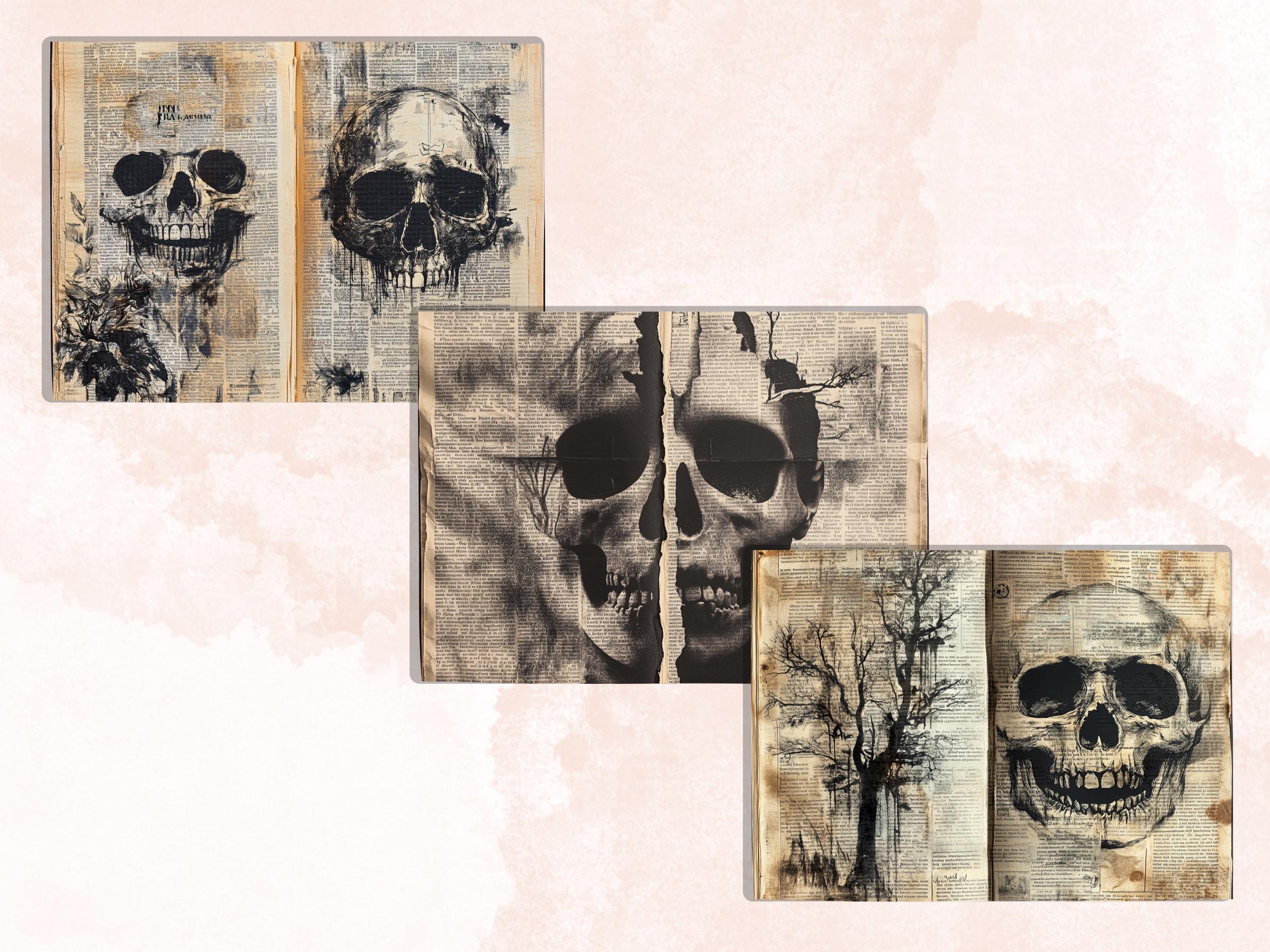 Spooky Newspaper Ephemera Kit, Creepy Mixed Media Paper, Gothic Woodland Newspaper Collage Scrapbook, Printable Horror Journal Double Pages