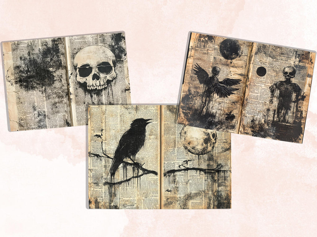 Spooky Newspaper Ephemera Kit, Creepy Mixed Media Paper, Gothic Woodland Newspaper Collage Scrapbook, Printable Horror Journal Double Pages