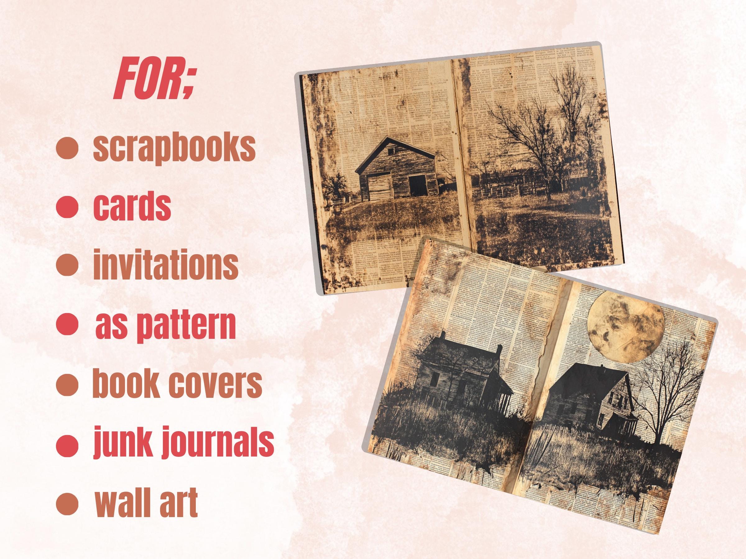 Farm Newspaper Ephemera Kit, Creepy Farm Mixed Media Paper, Gothic Country Newspaper Collage Scrapbook Paper, Spooky Journal Double Pages