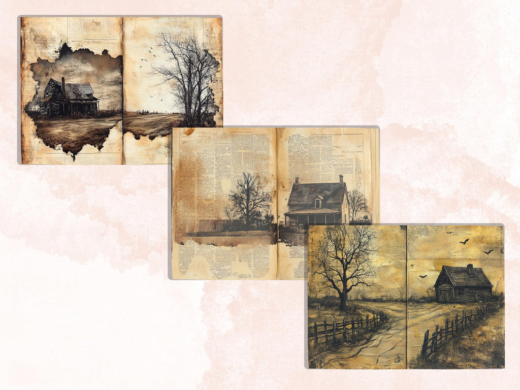 Farm Newspaper Ephemera Kit, Creepy Farm Mixed Media Paper, Gothic Country Newspaper Collage Scrapbook Paper, Spooky Journal Double Pages