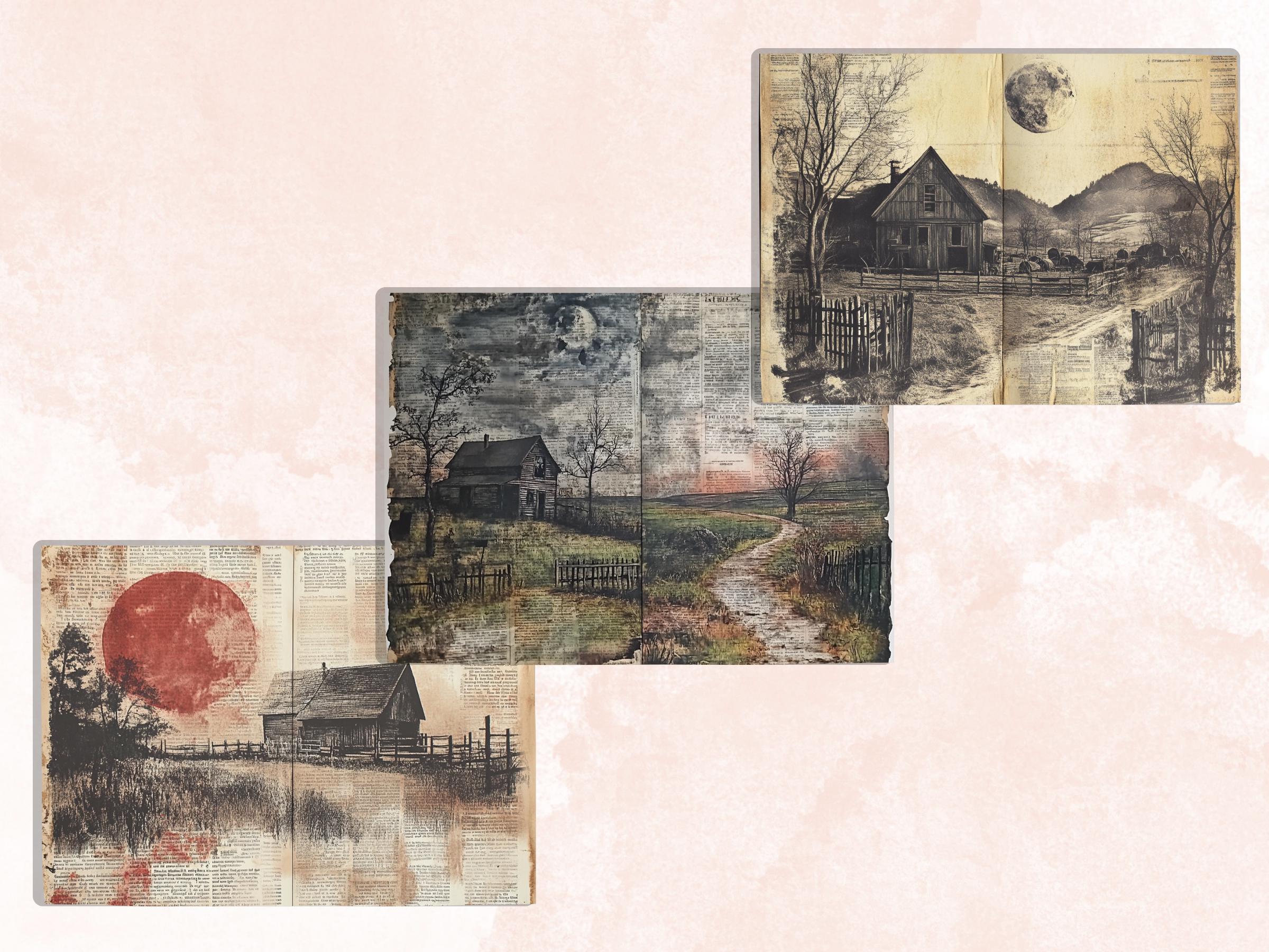 Farm Newspaper Ephemera Kit, Creepy Farm Mixed Media Paper, Gothic Country Newspaper Collage Scrapbook Paper, Spooky Journal Double Pages