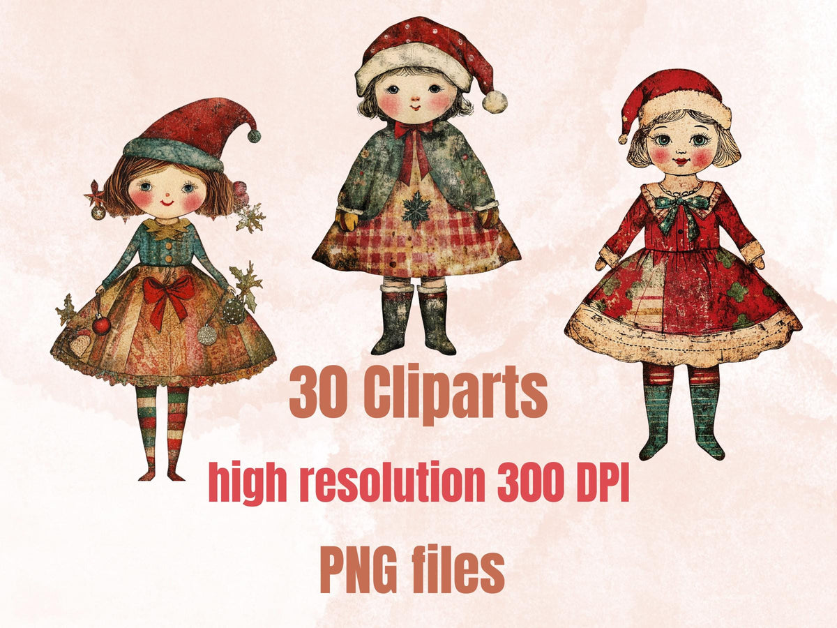 Christmas Paper Doll Clipart: Whimsical Xmas Cut Outs (PNG + JPG Digital Download