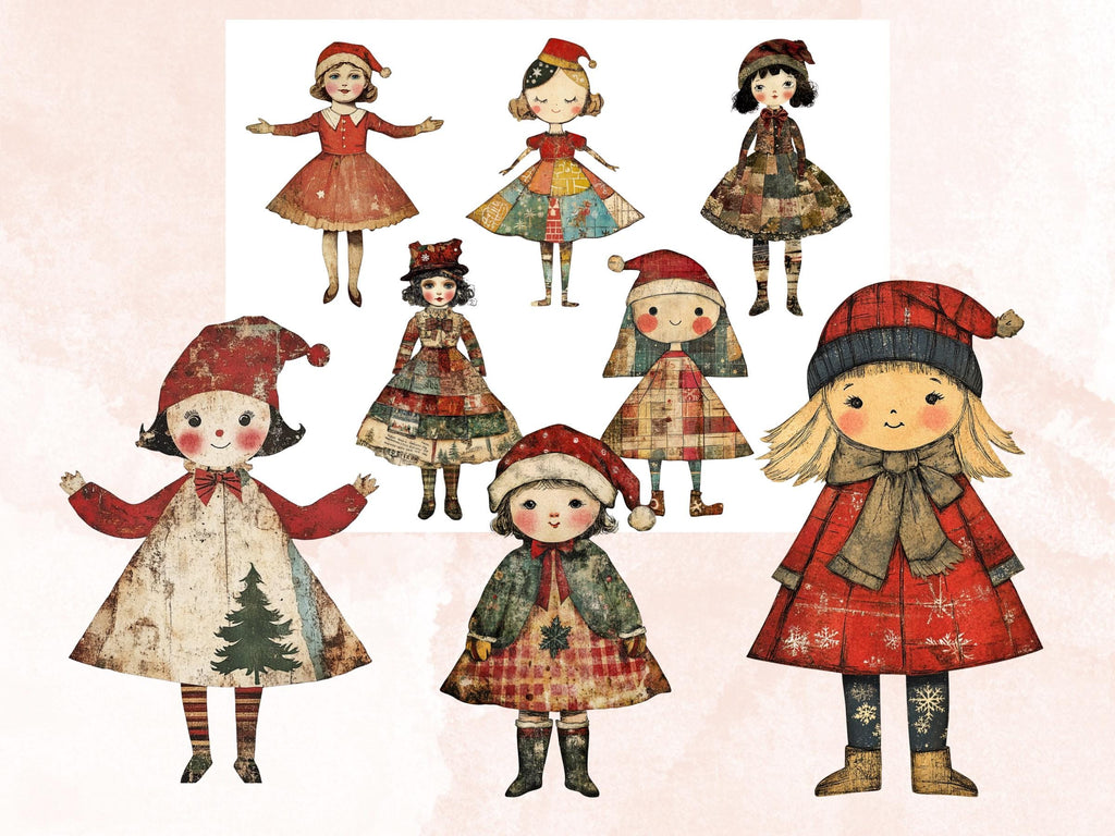 Christmas Paper Doll Clipart: Whimsical Xmas Cut Outs (PNG + JPG Digital Download
