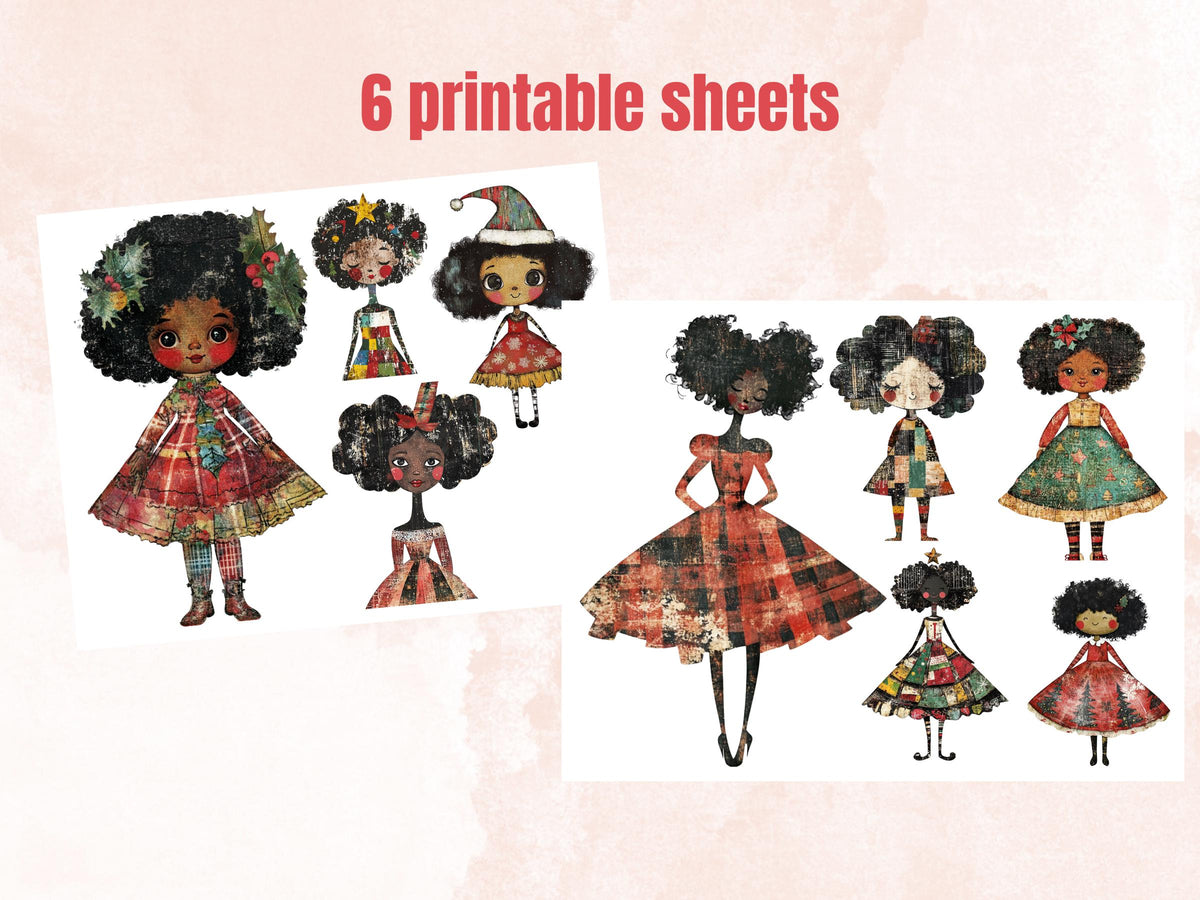 Christmas Black Doll Clipart: Xmas Afro Girl Fussy Cuts (PNG + JPG Digital Download