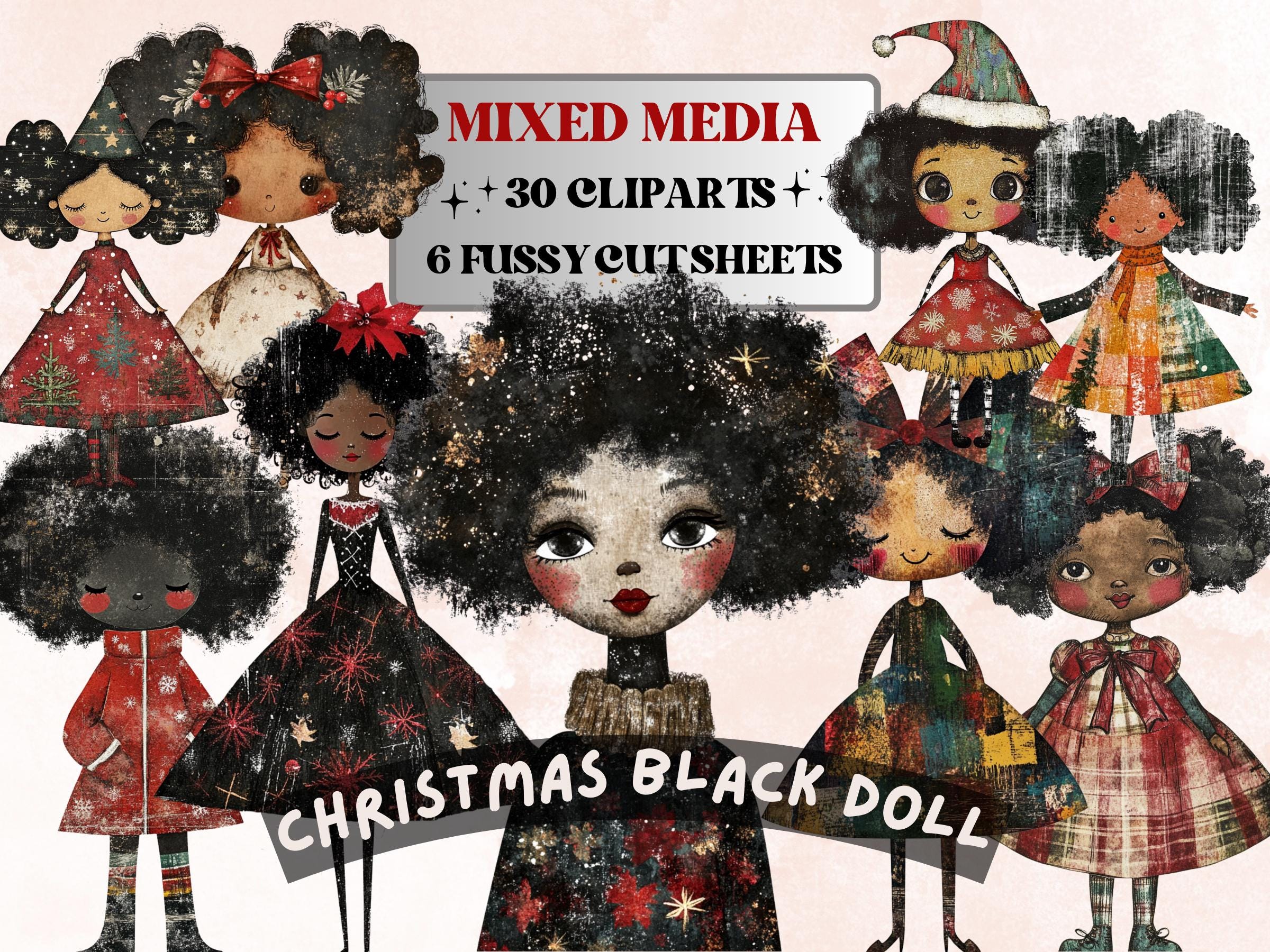 Christmas Black Doll Clipart: Xmas Afro Girl Fussy Cuts (PNG + JPG Digital Download
