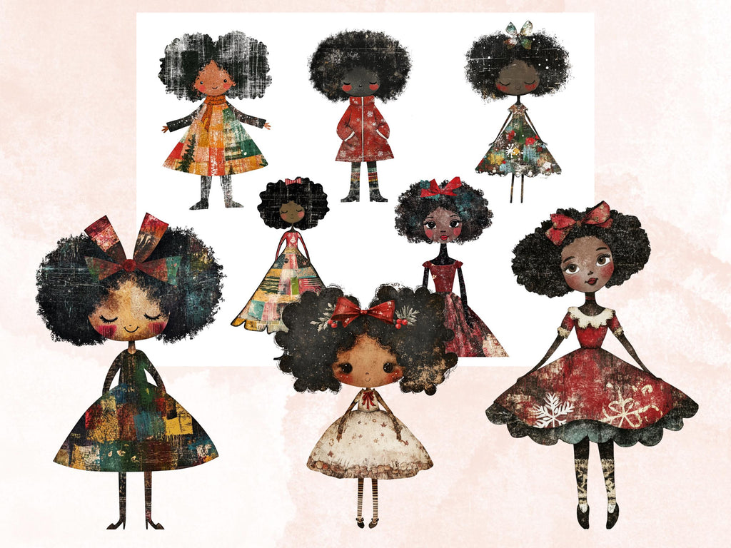 Christmas Black Doll Clipart: Xmas Afro Girl Fussy Cuts (PNG + JPG Digital Download