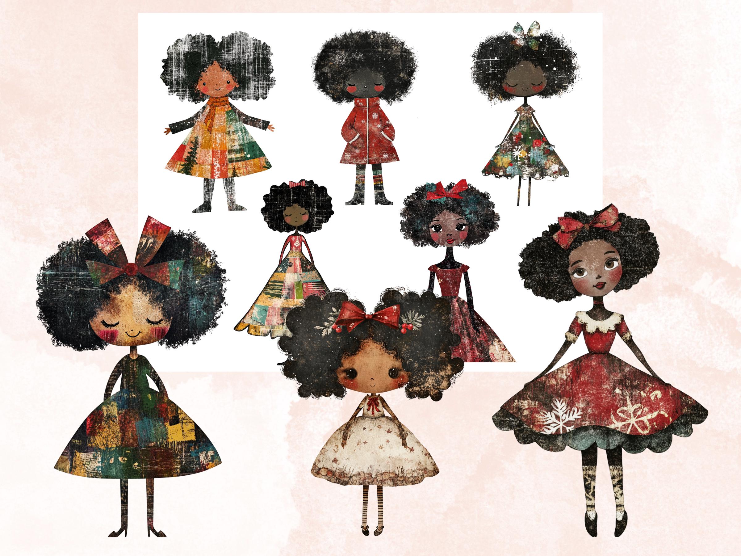 Christmas Black Doll Clipart: Xmas Afro Girl Fussy Cuts (PNG + JPG Digital Download