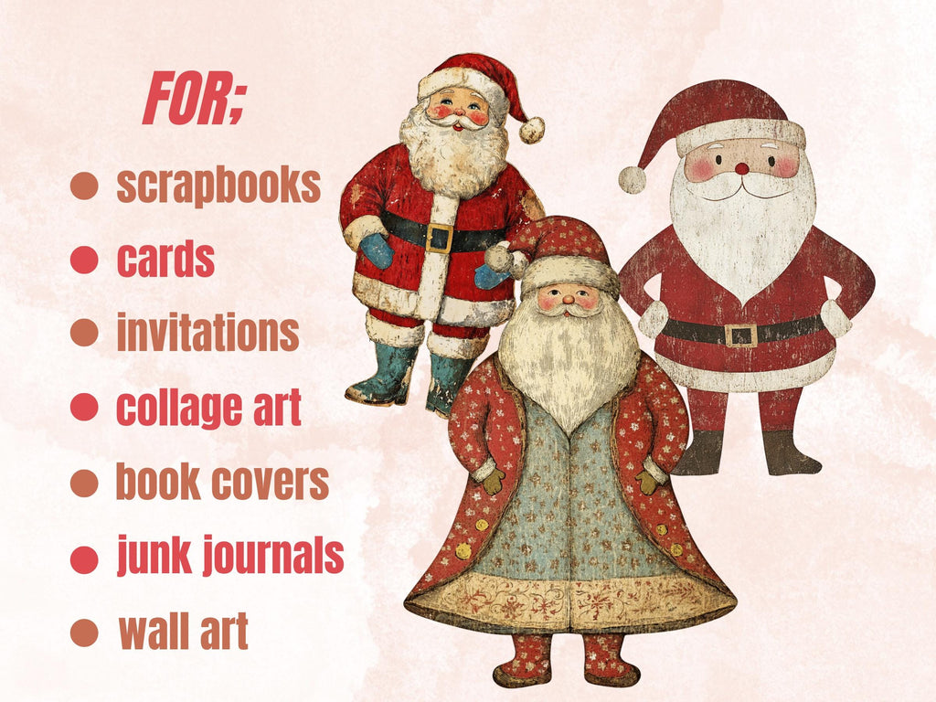 Christmas Santa Mixed Media Clipart, Whimsy Santa Claus Fussy Cut Collage Sheet, Quirky Xmas Cut Out Ephemera, PNG + JPG for Scrapbooking