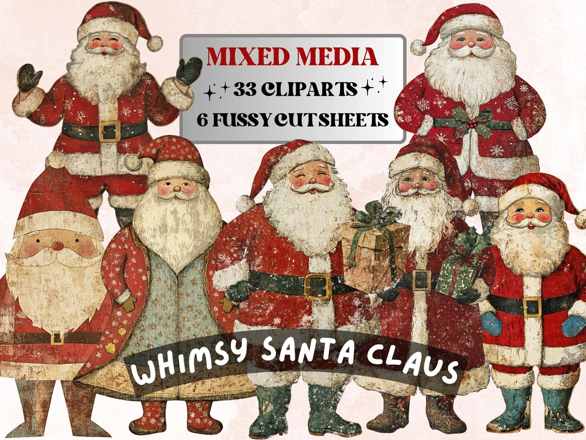 Christmas Santa Mixed Media Clipart, Whimsy Santa Claus Fussy Cut Collage Sheet, Quirky Xmas Cut Out Ephemera, PNG + JPG for Scrapbooking