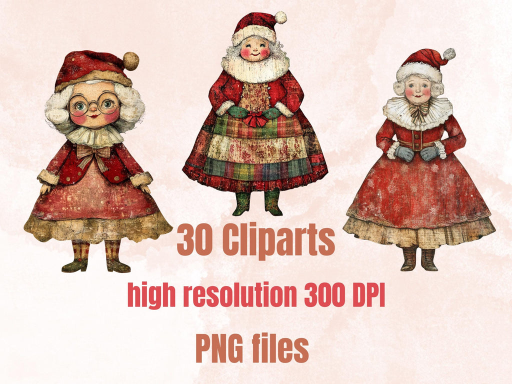 Whimsical Mrs. Claus Clipart: Christmas Collage Ephemera (PNG + JPG Digital Download