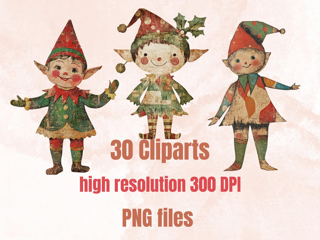 Whimsical Christmas Elf Clipart: Mixed Media Art, Fussy Cut Ephemera (PNG JPG Digital Download