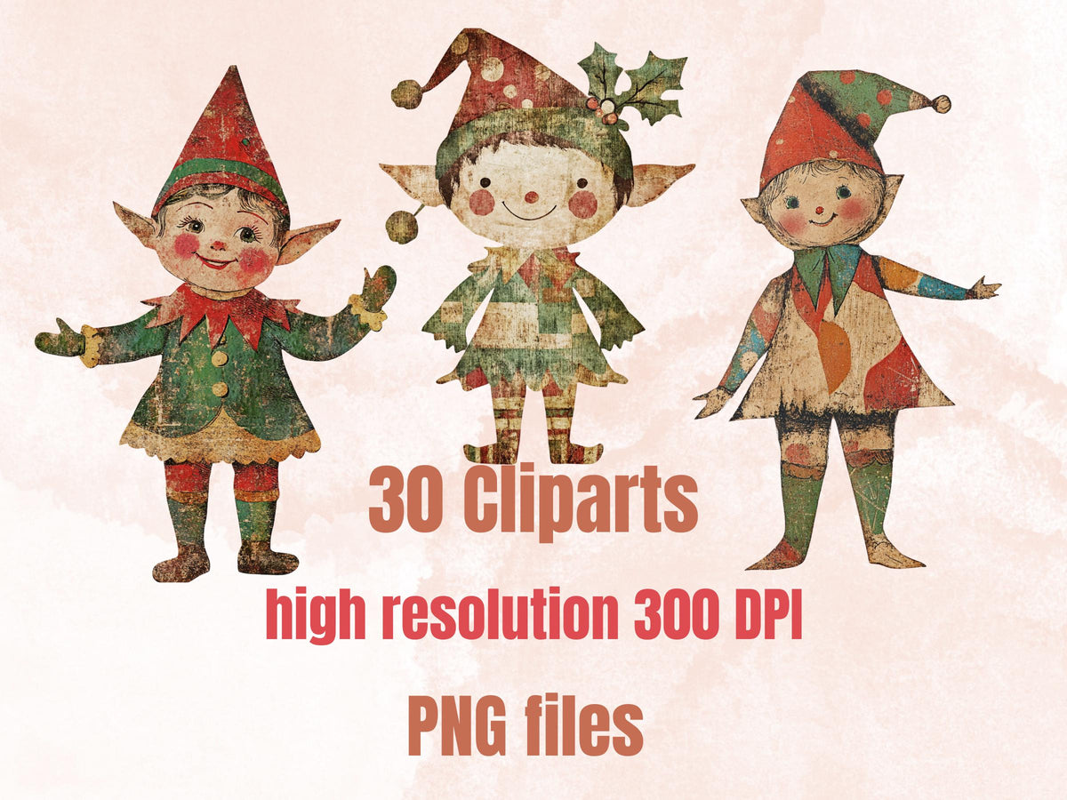 Whimsical Christmas Elf Clipart: Mixed Media Art, Fussy Cut Ephemera (PNG JPG Digital Download