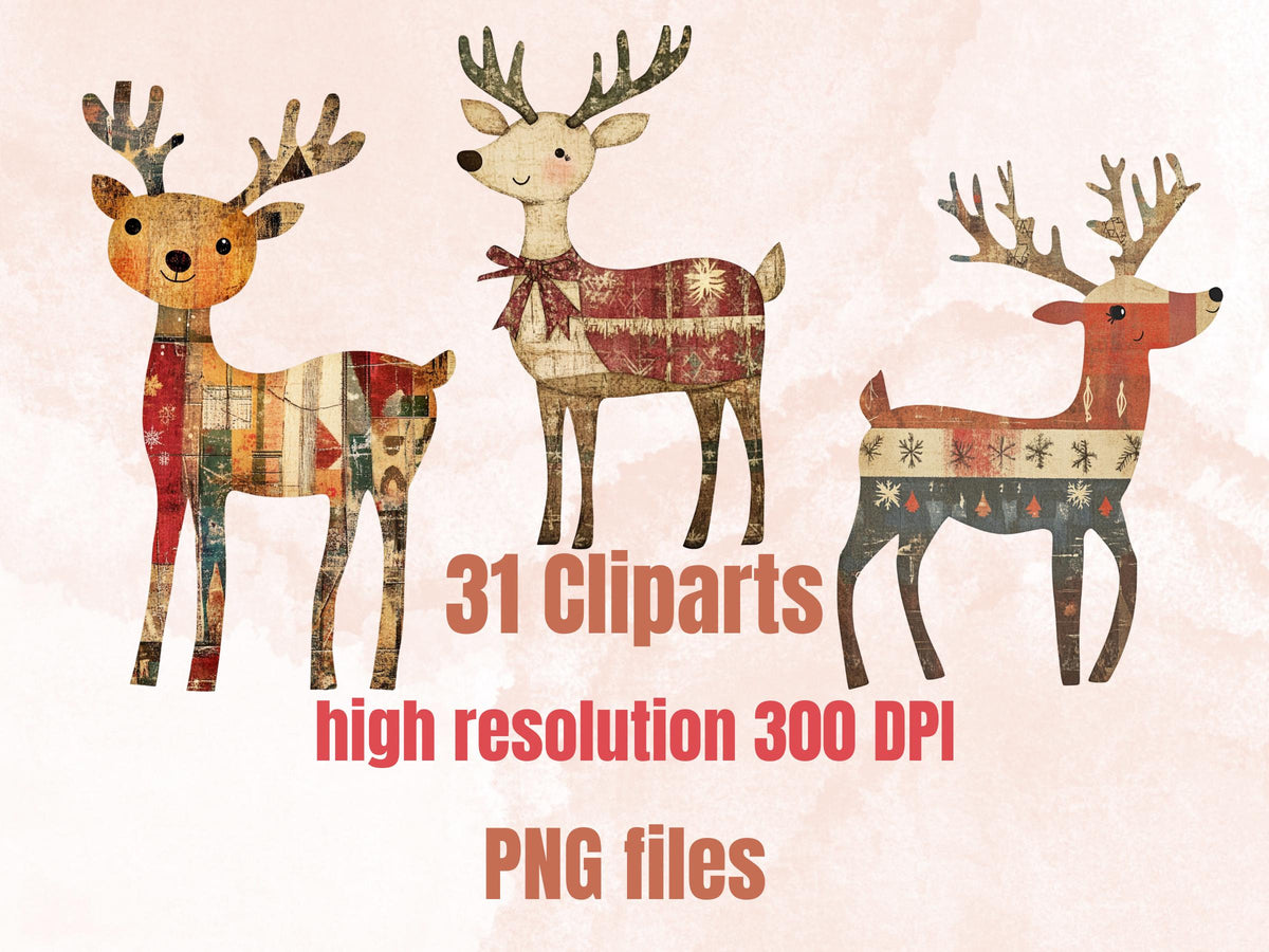 Christmas Reindeer Clipart: Whimsical Xmas Art, Fussy Cut Ephemera (PNG + JPG Digital Download