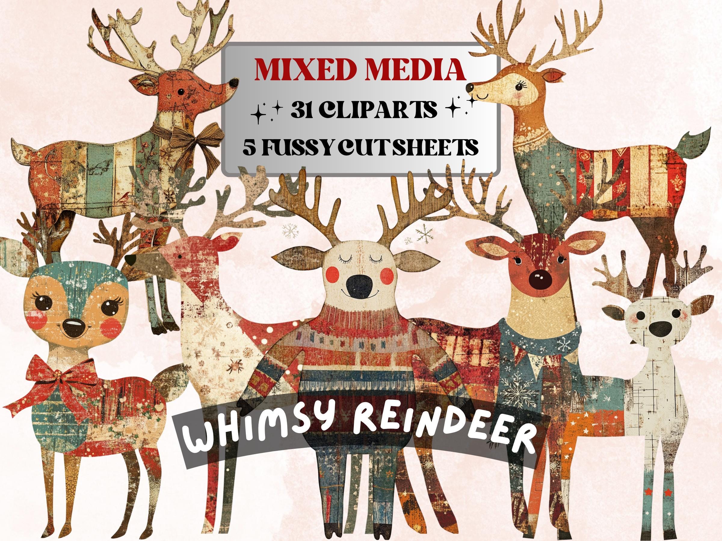 Christmas Reindeer Clipart: Whimsical Xmas Art, Fussy Cut Ephemera (PNG + JPG Digital Download