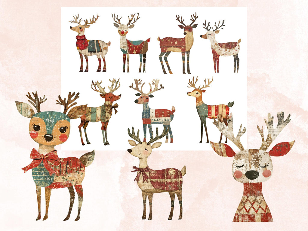 Christmas Reindeer Clipart: Whimsical Xmas Art, Fussy Cut Ephemera (PNG + JPG Digital Download