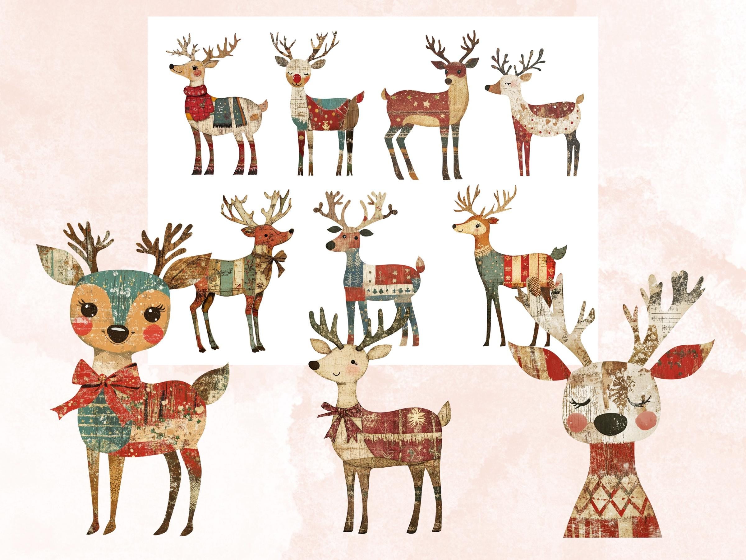 Christmas Reindeer Clipart: Whimsical Xmas Art, Fussy Cut Ephemera (PNG + JPG Digital Download