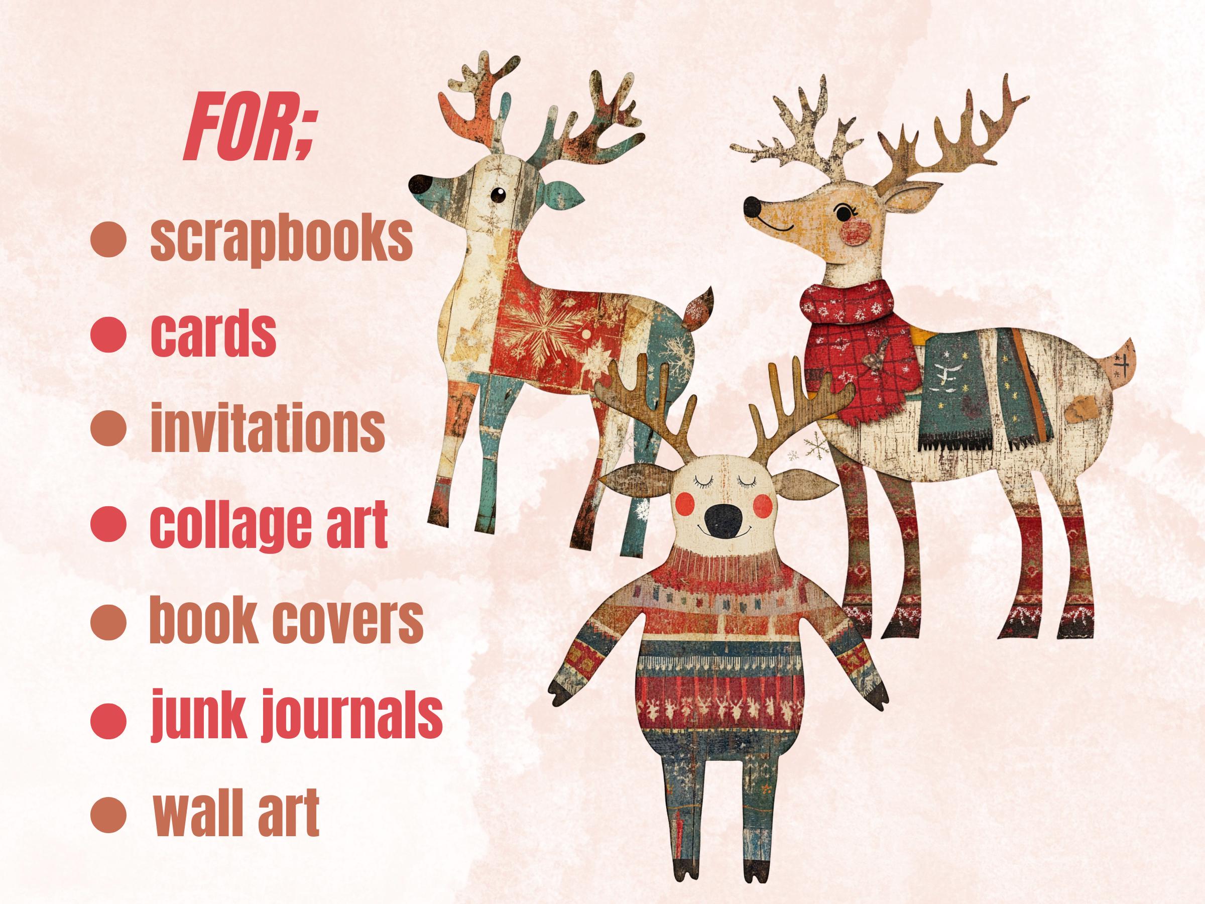 Christmas Reindeer Clipart: Whimsical Xmas Art, Fussy Cut Ephemera (PNG + JPG Digital Download