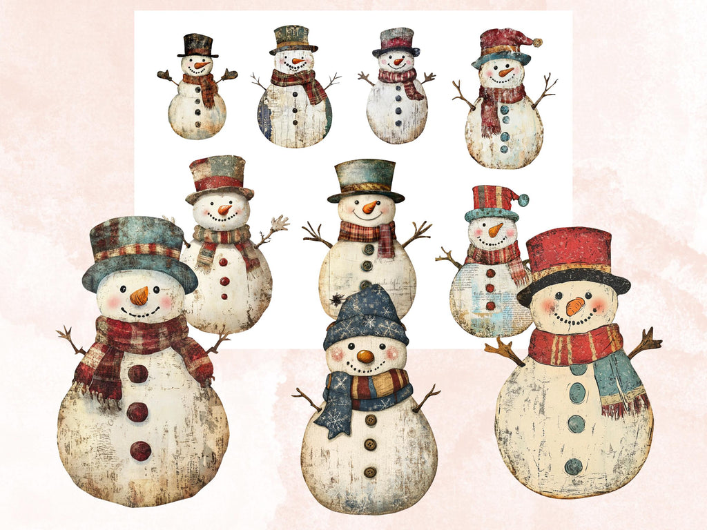 Christmas Snowman Clipart: Mixed Media Collage Sheets (PNG + JPG Digital Download