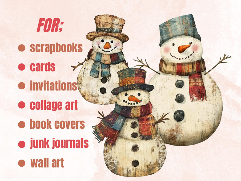 Christmas Snowman Clipart: Mixed Media Collage Sheets (PNG + JPG Digital Download