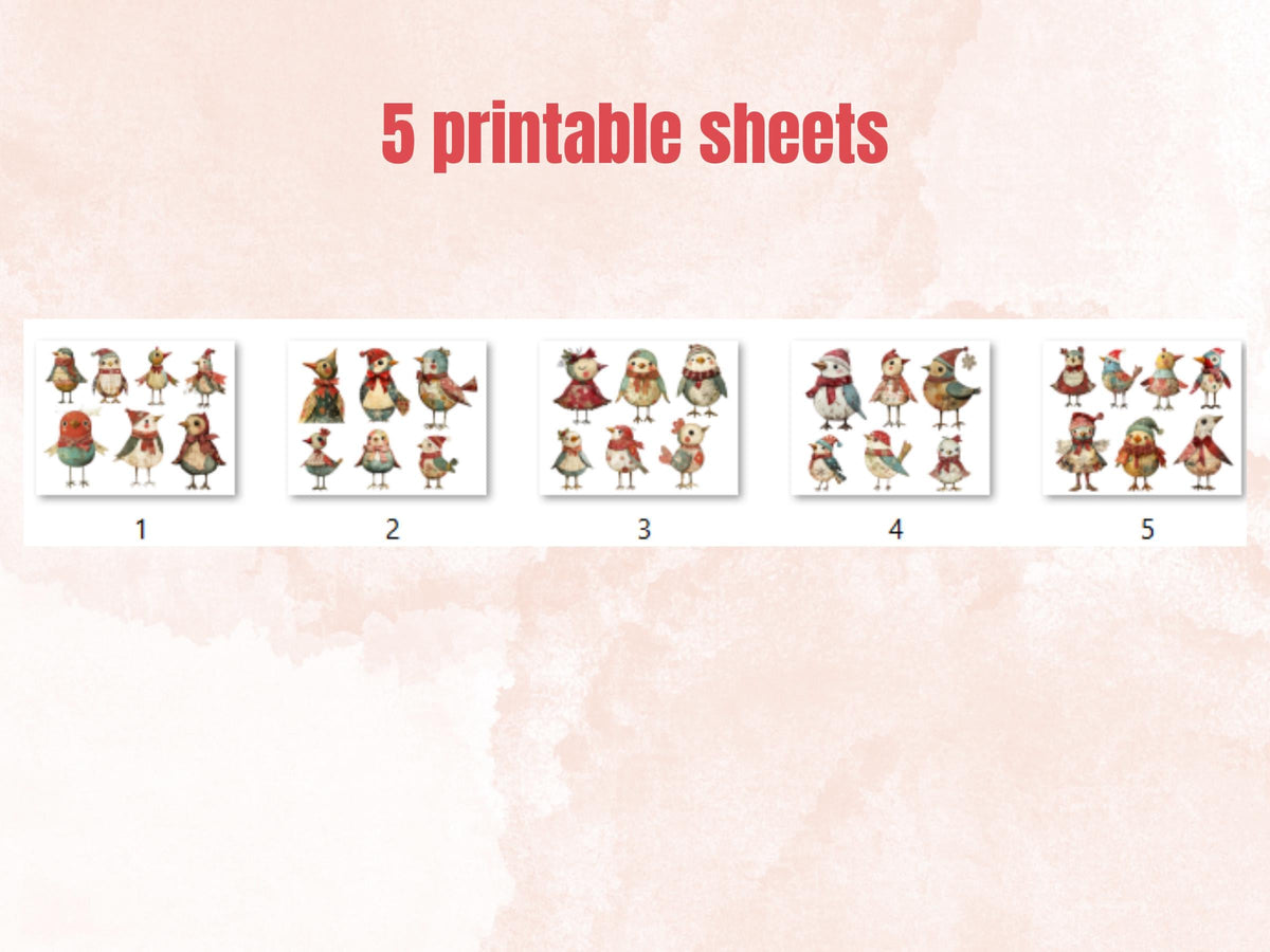 Christmas Bird Doll Clipart: Whimsical Xmas Ephemera (PNG + JPG)