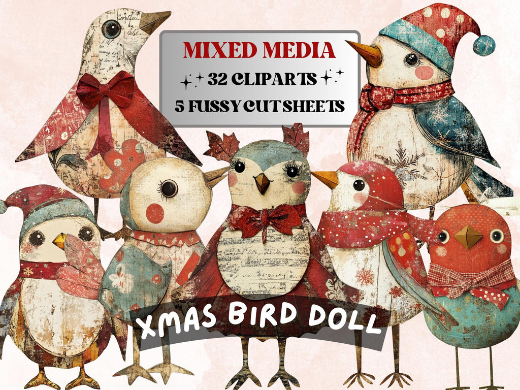 Christmas Bird Doll Clipart: Whimsical Xmas Ephemera (PNG + JPG)