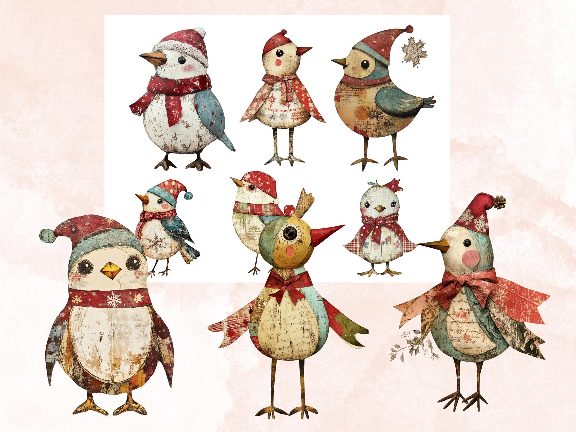 Christmas Bird Doll Clipart: Whimsical Xmas Ephemera (PNG + JPG)
