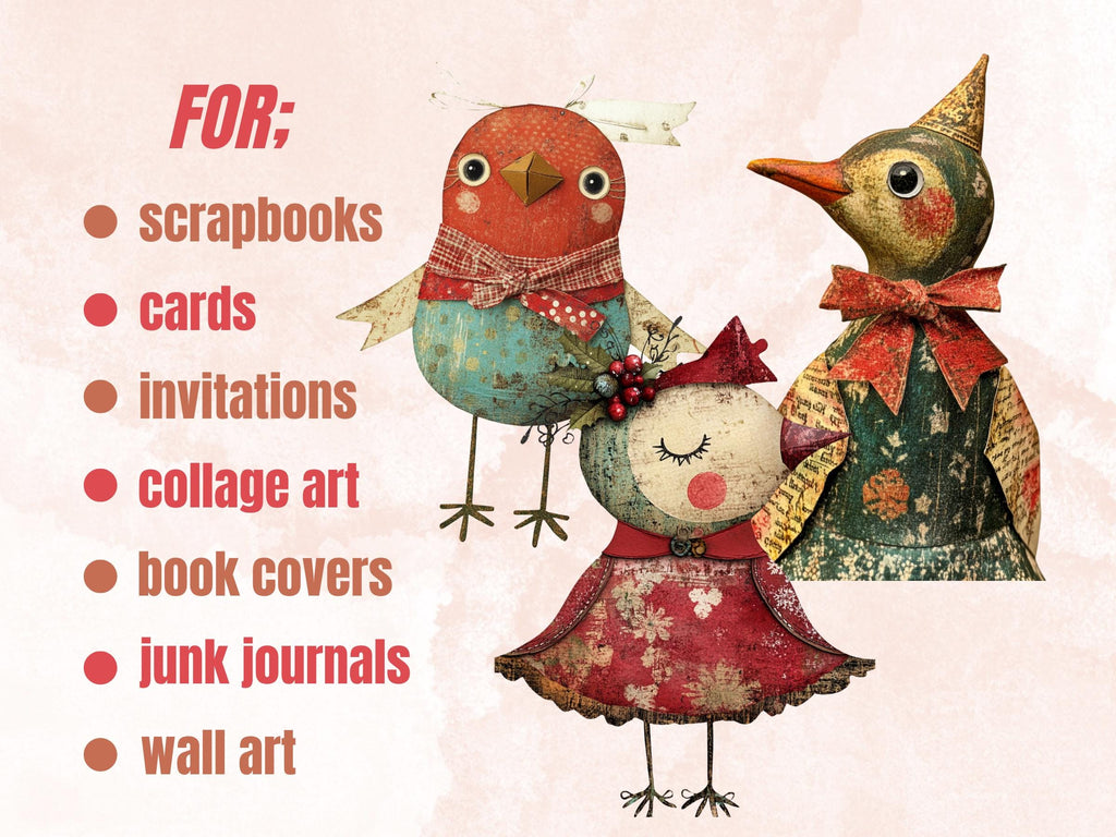 Christmas Bird Doll Clipart: Whimsical Xmas Ephemera (PNG + JPG)