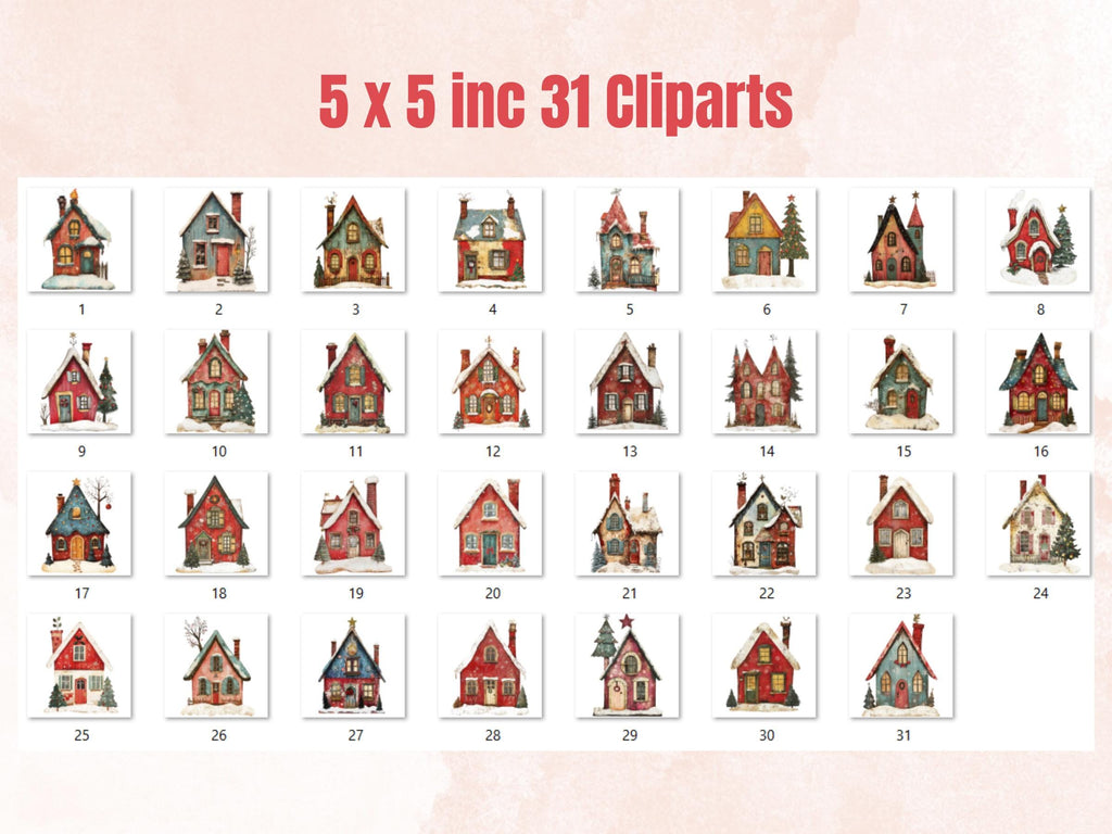 Christmas House Clipart: Whimsical Holiday PNG & JPG, Fussy Cut Sheets (Digital Download)
